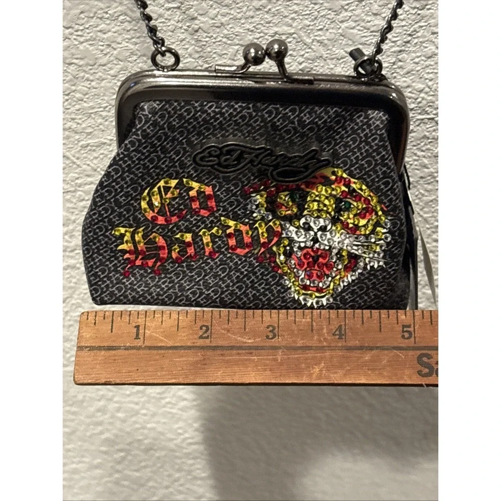 NWT ED HARDY BLACK COIN FAUX LEATHER/BAG/KISSLOCK Y2K With Throw Chain Wallet